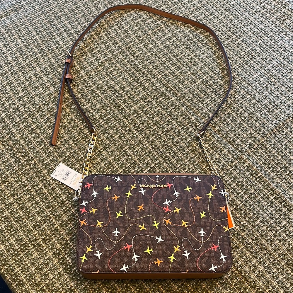 Michael Kors Airplane, Brown, chain Crossbody purse multicolored